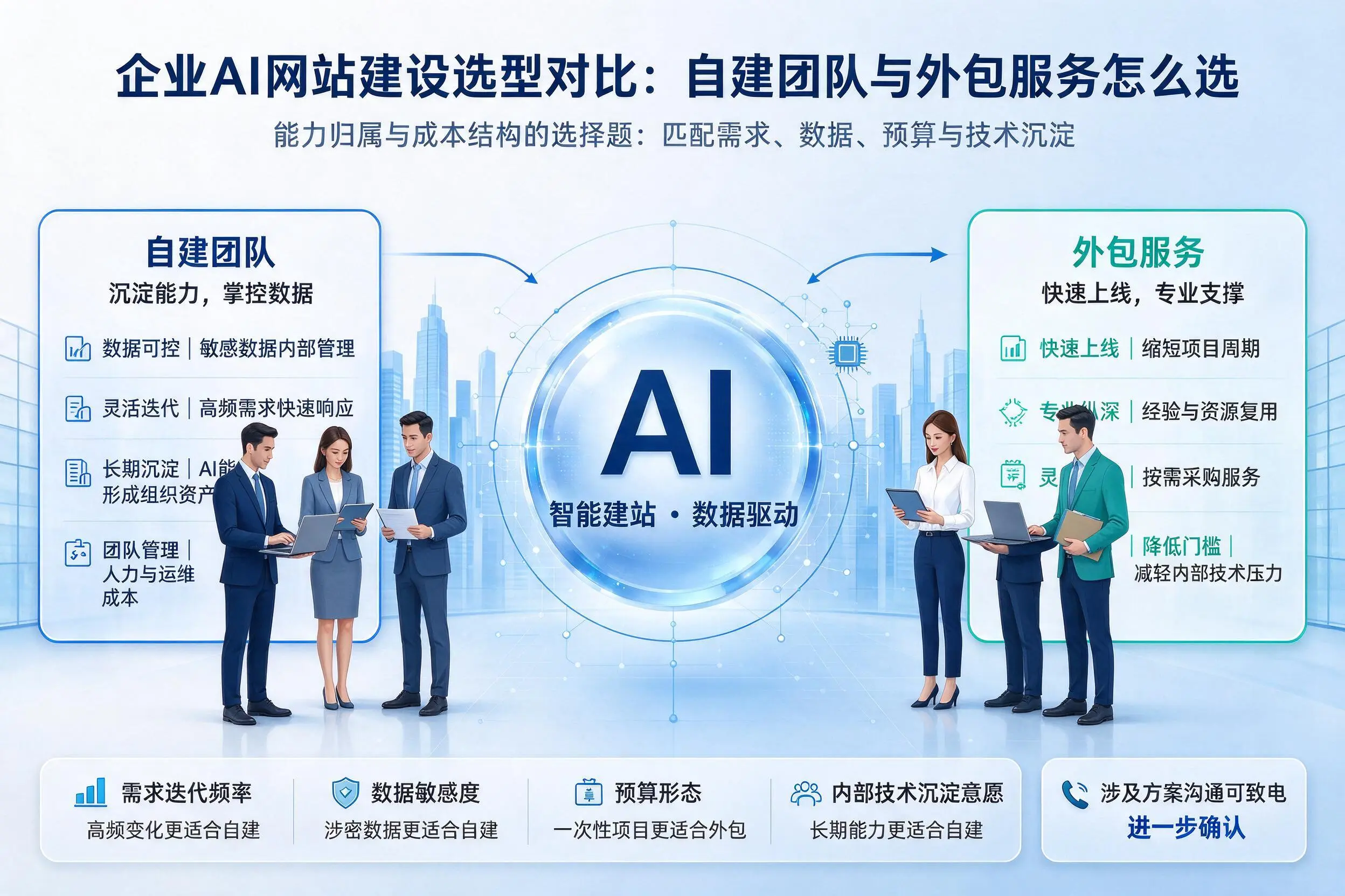 铁岭企业AI网站建设选型对比:自建团队与外包服务怎么选